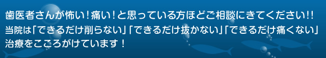 歯医者さんが怖い！痛い！と思っている方ほどご相談にきてください!! 当院は「できるだけ削らない」「できるだけ抜かない」「できるだけ痛くない」 治療をこころがけています！